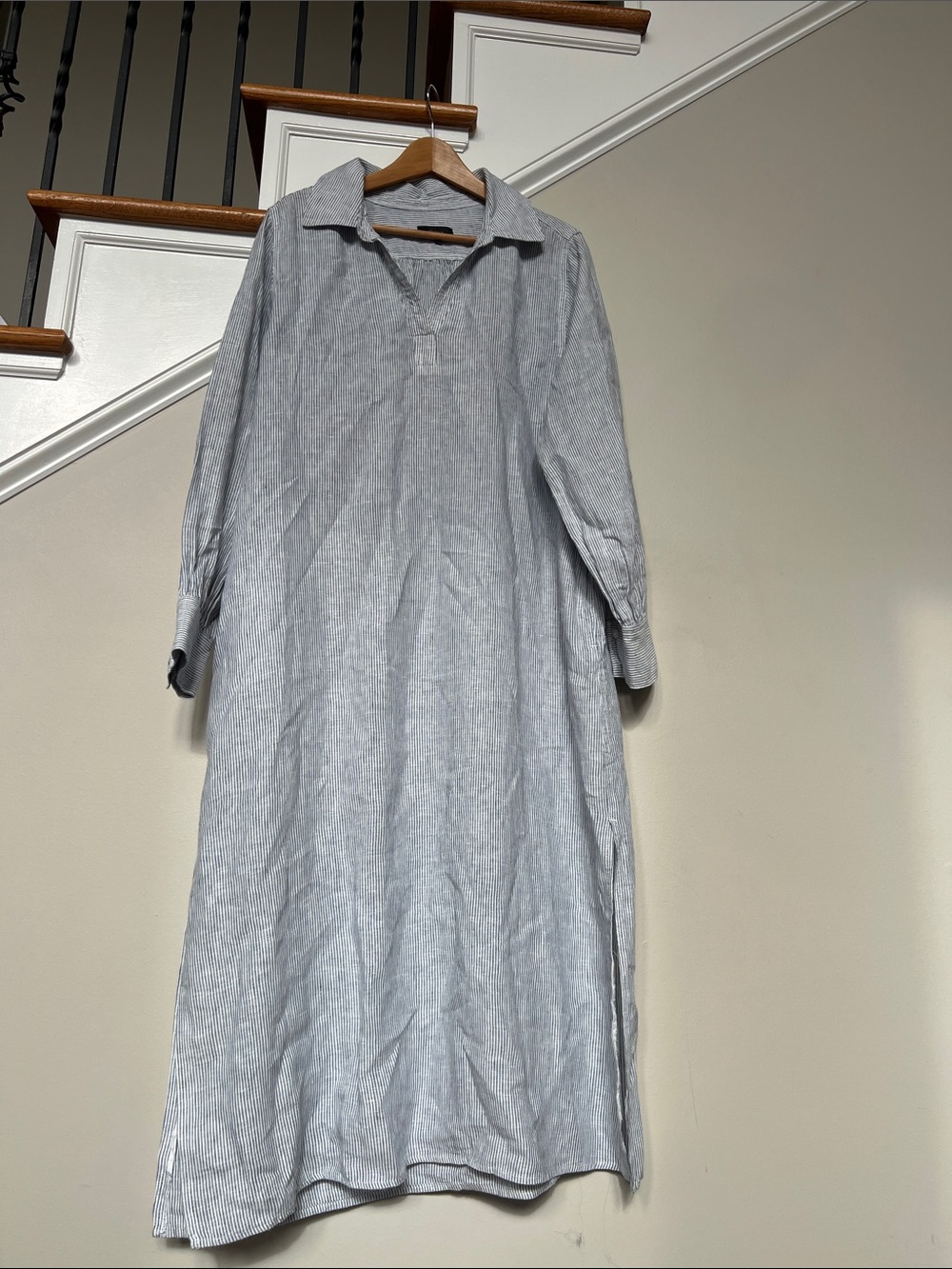 Quince popover maxi dress 100% European linen blue pinstripes Women XL